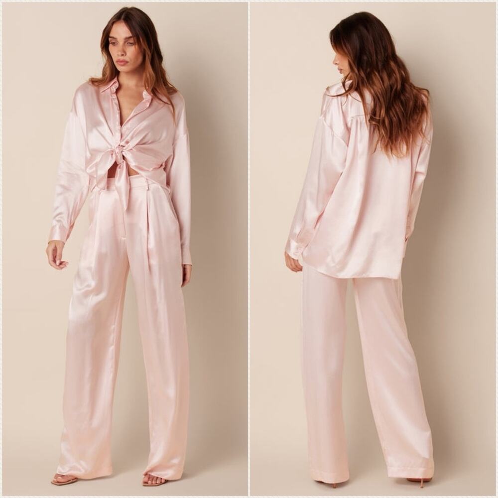 SABLYN Emerson High-Rise Silk Pleated Satin Pants Wide Leg Trousers Size Large